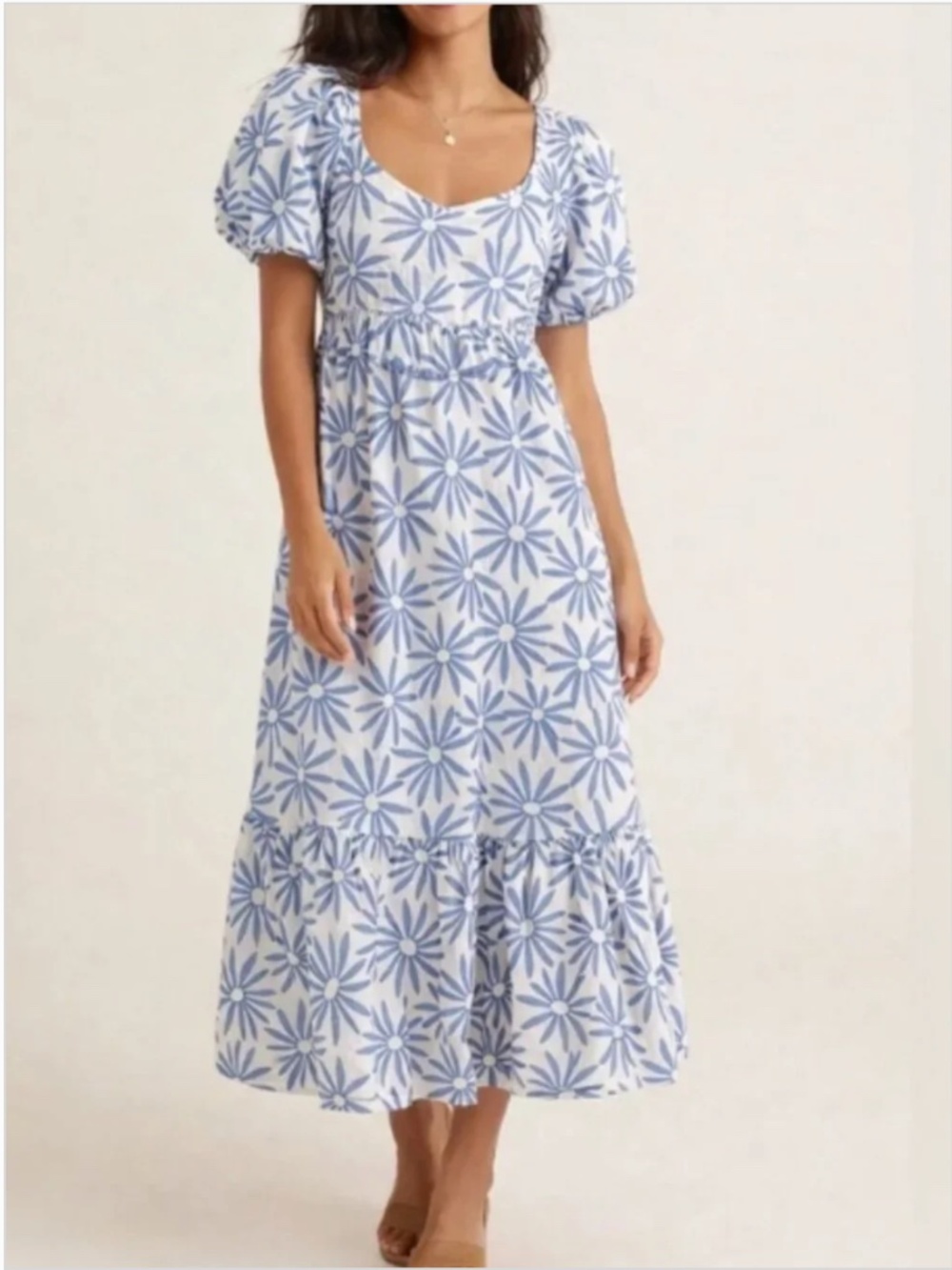 Polo Ralph Lauren Linen Floral Dress Size 12 Blue Puff Sleeve Maxi Summer (W)